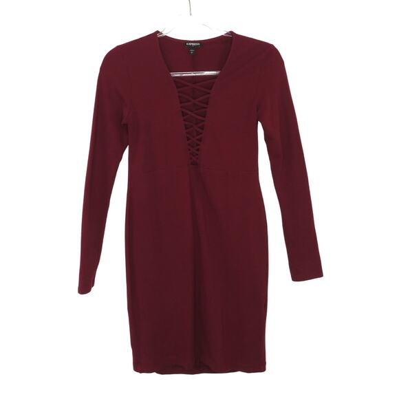 Express Burgundy Wine Red  Long Sleeve Lace Up Caged Body Con Dress Small - Picture 3 of 8